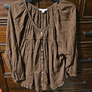 American Eagle Outfitters Brown Smocked Buttoned Blouse